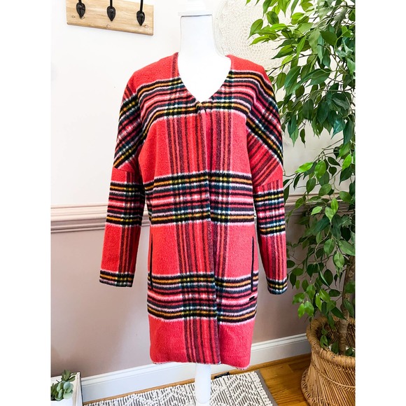 Maison Scotch Punk Radar Wool Blend Coat Red Plaid NWOT Sz Small - Picture 3 of 11